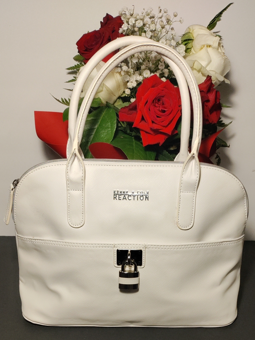 Kenneth Cole Reaction White Milk Dome Satchel Handbag Padlock Detail